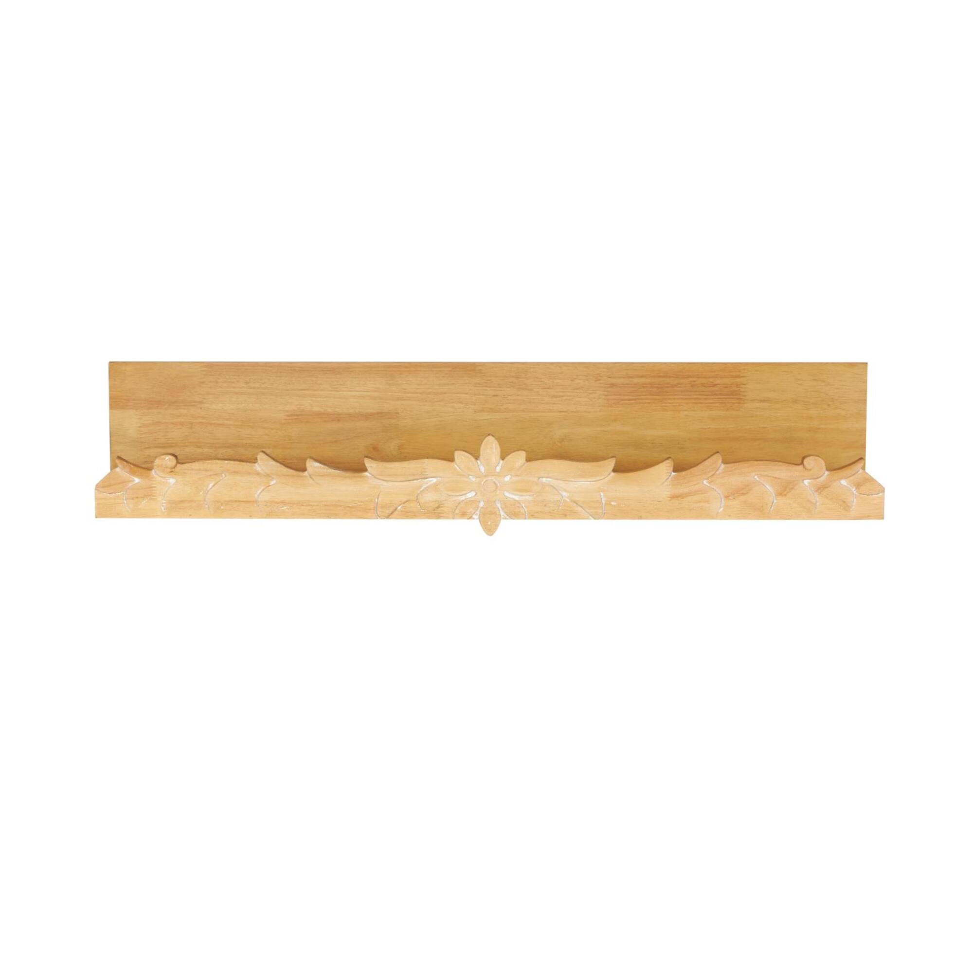 30" Light Brown Wooden Floral Room Wall Shelf with Carved Scroll Lip